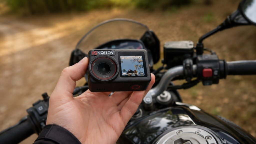 5 Best Action Cameras for Motorcycles in 2026 Action camera mounted on a motorcycle for recording rides and road adventures in 2026