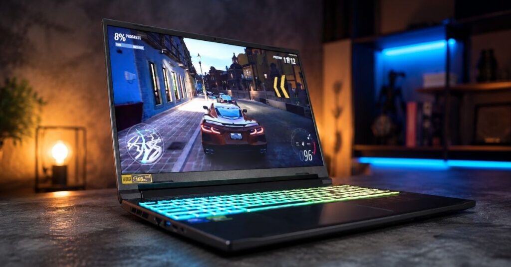 High-performance laptop with RGB keyboard and vivid display, ideal for video editing and content creation under $1000.